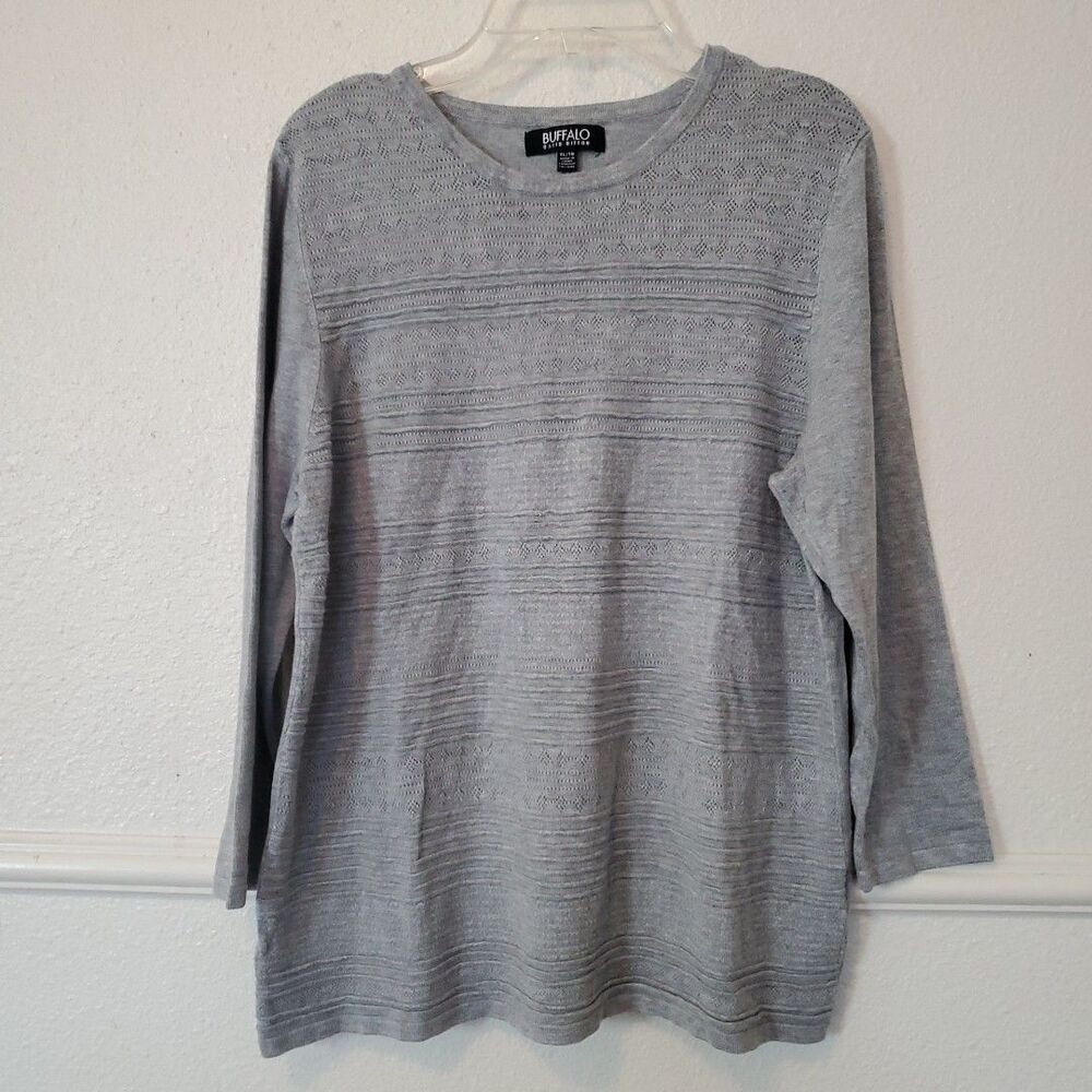 Buffalo David Bitton Womens Sweater Gray Textured Striped‎ 3/4 Sleeve Sz XL